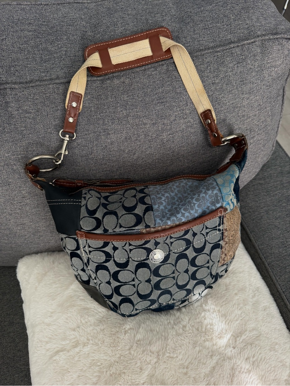Vintage Coach Denim Navy Brown Patchwork Hobo Shoulder Bag